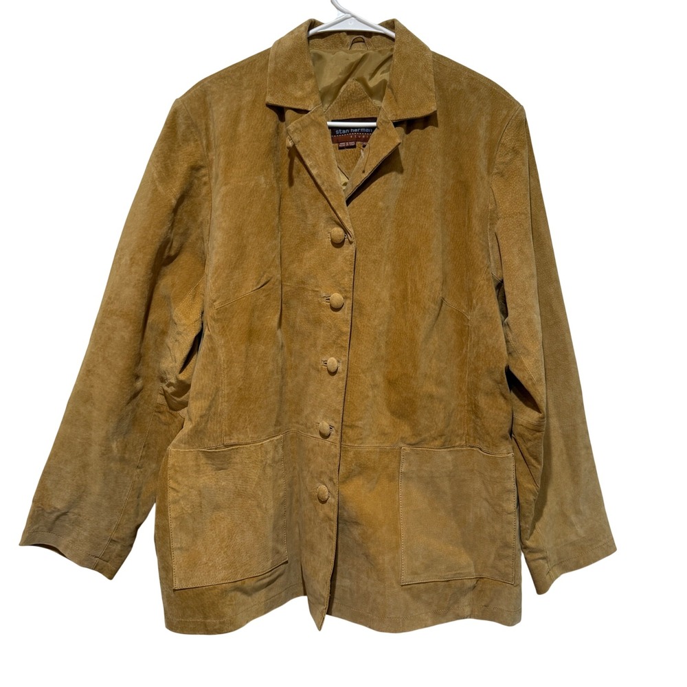 Stan Herman Studio Tan Suede Leather Jacket Womens XL Button Front Vintage Style